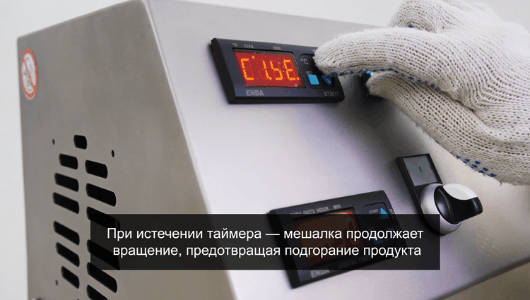 Органами управления можно задать время и температуру нагрева, первую или вторую скорость вращения мешалки. Машина работает и в полуавтоматическом режиме без использования таймера.